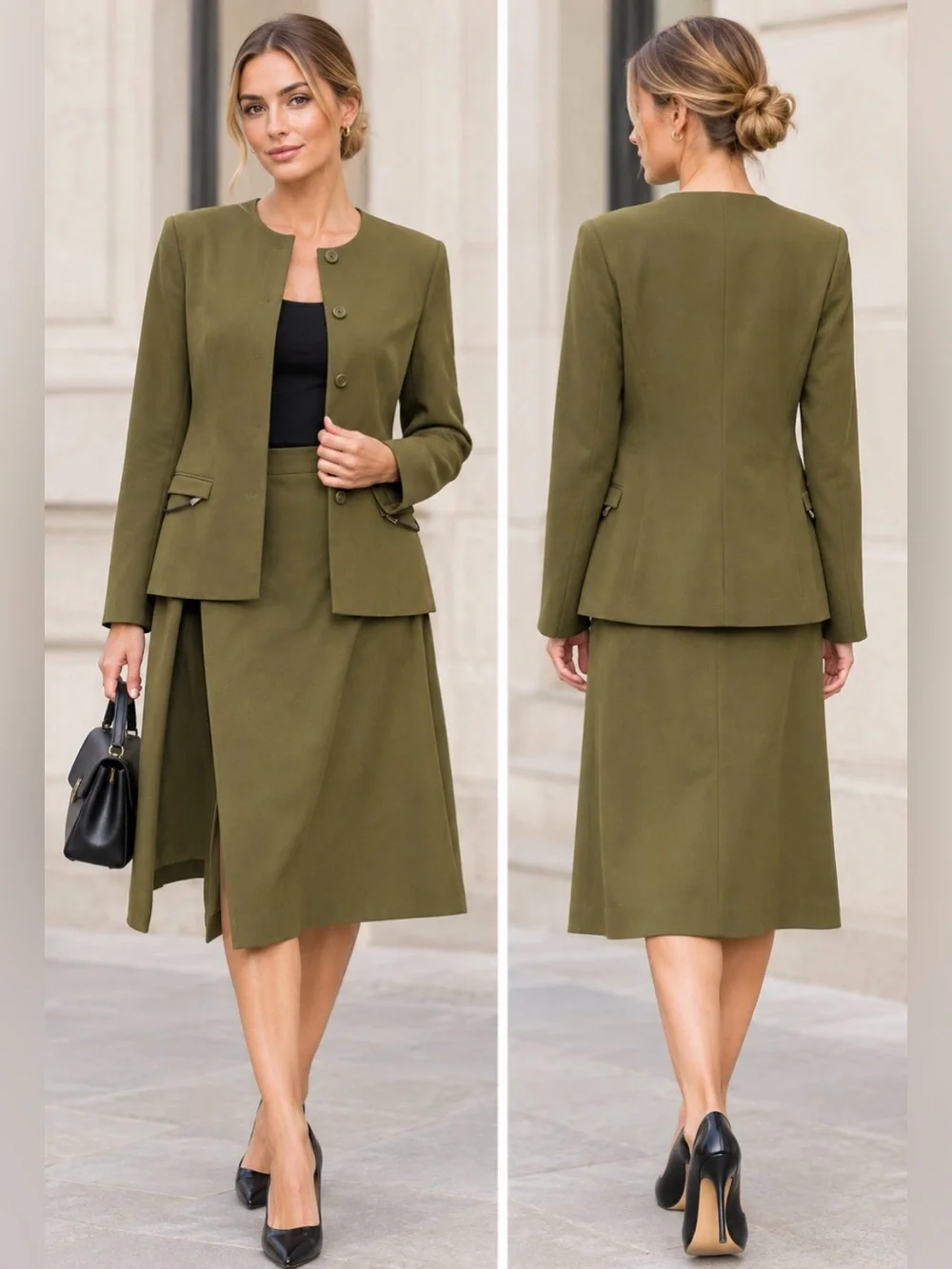 Prada Olive Green Midi Skirt - Tailored Front Slit